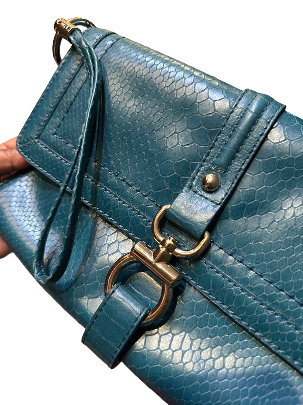 Talbots Teal Leather Clutch Embossed Reptile Gold Hardware Wristlet